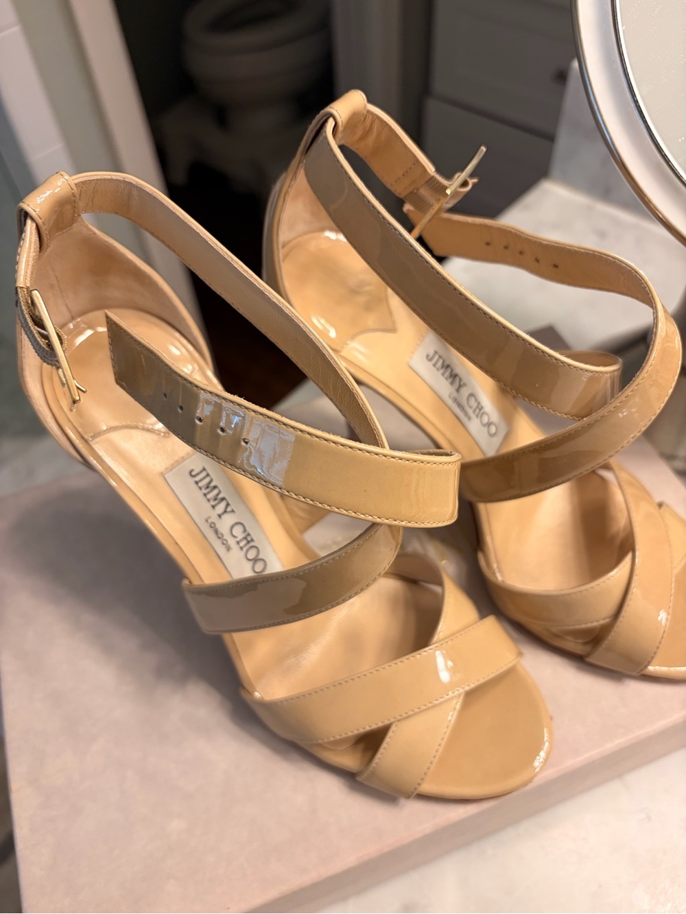 Jimmy Choo Lottie Patent Nude Strappy Stiletto Sandal - Picture 3 of 8
